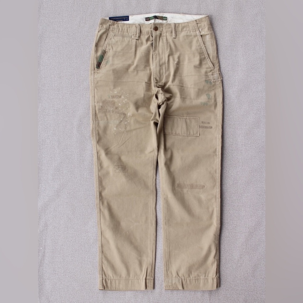 RARE POLO‎ RALPH LAUREN【DISTRESSED STRAIGHT-LEG CHINOS】 KHAKI PANTS - Picture 2 of 14